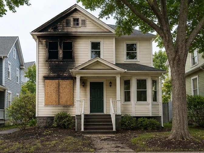The Ridgewood home with contained fire damage and boarded windows