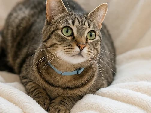Luna, a brown-gray tabby, resting alertly on a cream blanket